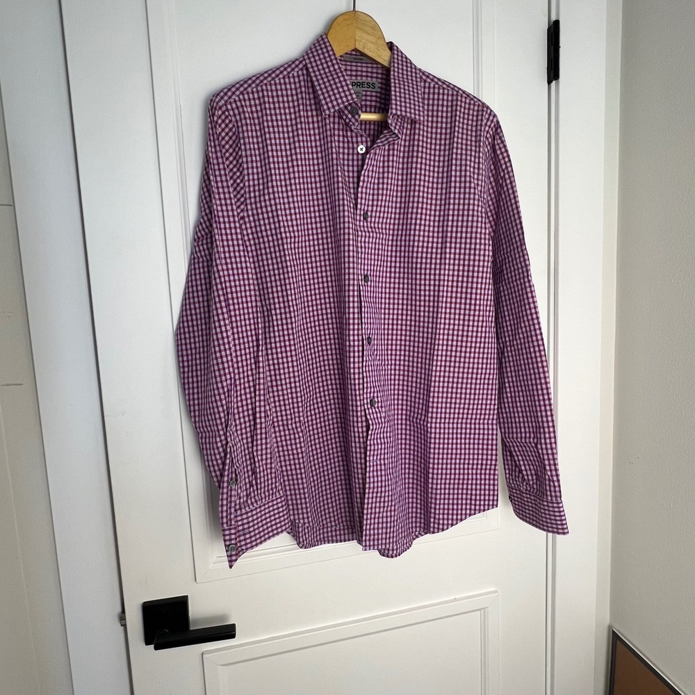 EXPRESS Fitted Mens Medium Purple Red White Checkered Button Long Sleeve Shirt